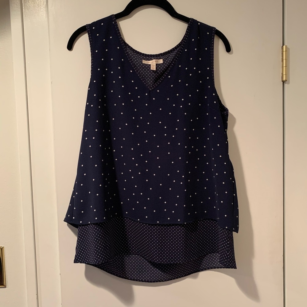 Navy polka dot v/neck layered sleeveless blouse